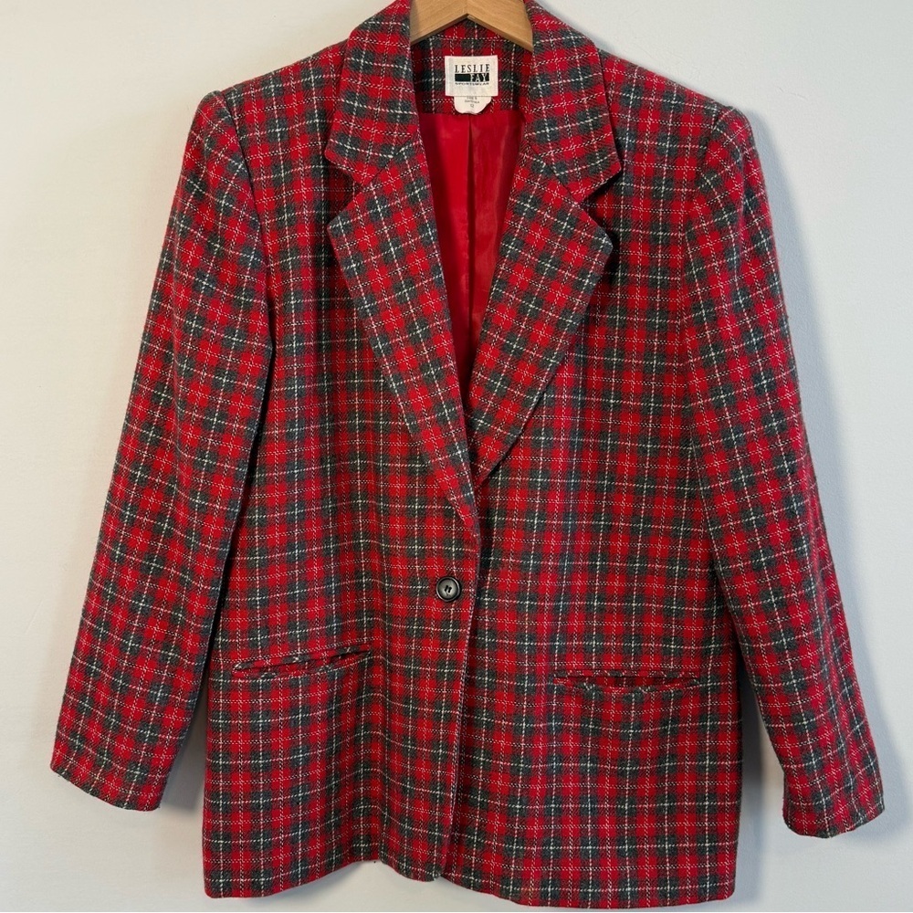 Leslie Fay Vintage Scarlet and Gray Oversized Plaid Blazer, Size 12